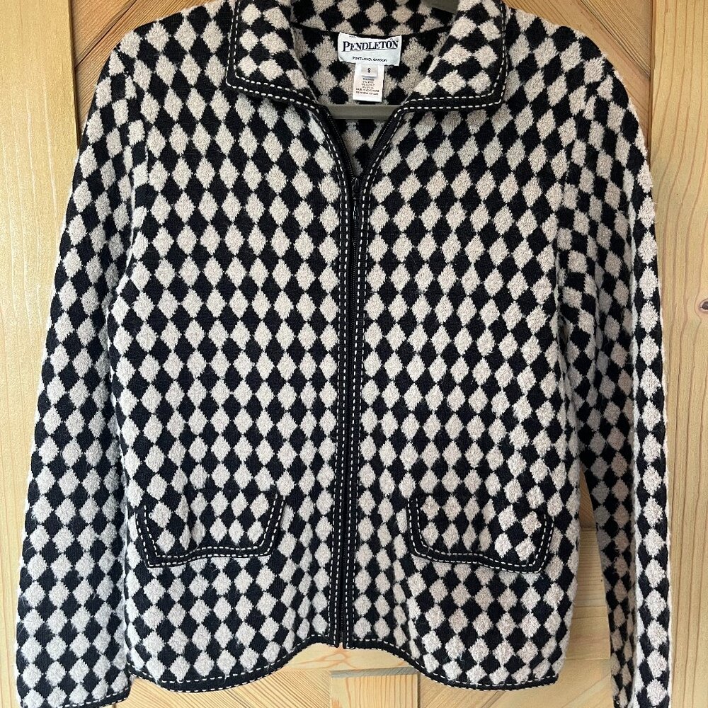Vintage Pendleton | Wool Full Zip Sweater | Women's Sm | Black & White Diamond